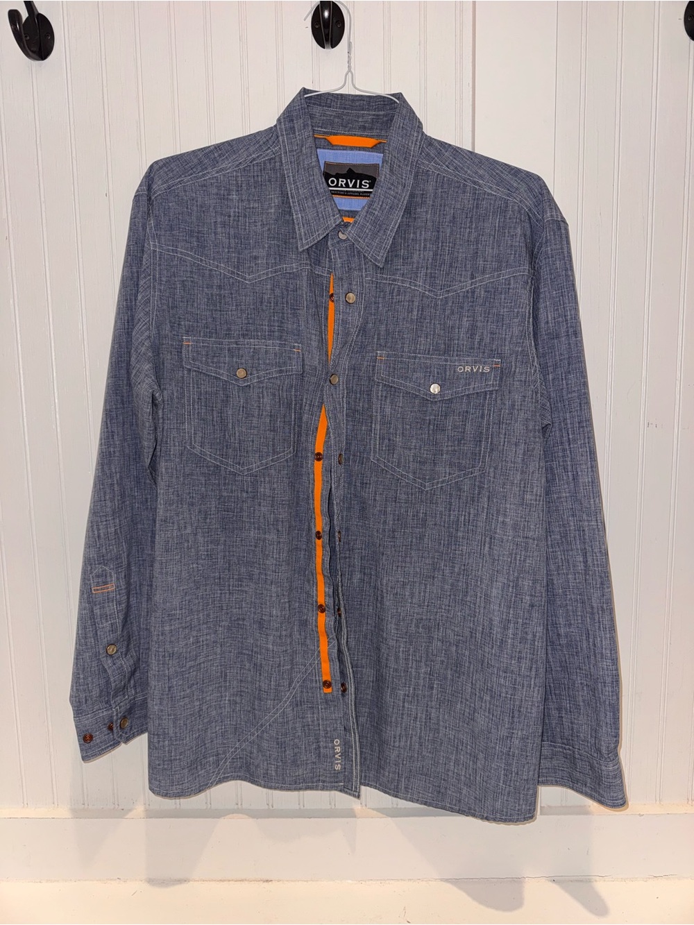 Orvis Blue Casual Button-Down Shirt with Orange Trim